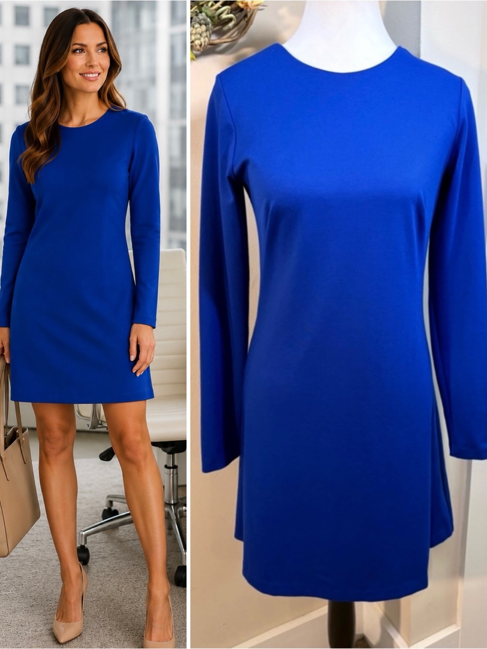 💥 Amanda Uprichard Cobalt Blue Ponte Knit Long Sleeve Shift Dress Size M 💛
